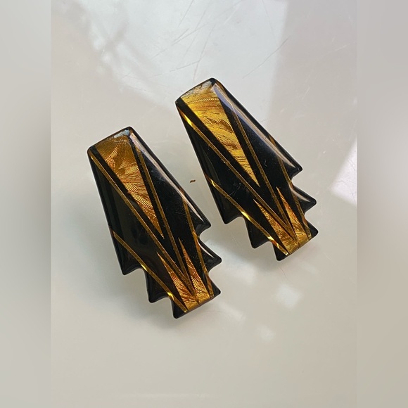 90's Vintage John Crutchfield Geometric Metallic Art Graphic Black&Gold Earrings - Picture 5 of 5